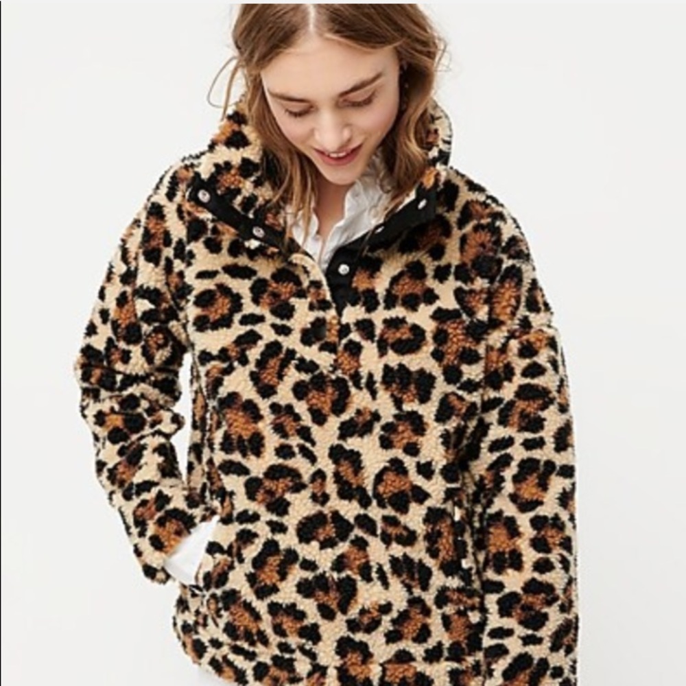 J Crew snap-collar, leopard print Sherpa; size S